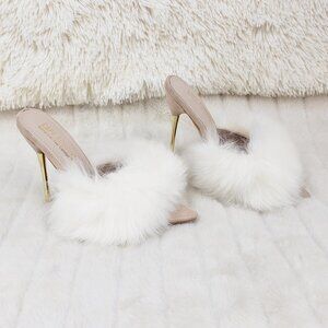 Furry Pointy Toe Slip On Gold Tone Slim Heels Nude